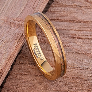 Yellow Tungsten Ring for Weddings or Engagements, Hammered Band 4mm, with Real Crushed Fire Opal, Promise Ring for Friend, Anniversary Gift