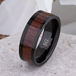 Tungsten Carbide Mens Wedding Band or Engagement Ring 8mm with Jichimu Wood Inlay, Affordable Holiday Gift for Him, Popular Promise Ring