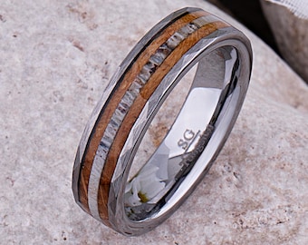 Wolfram Trauring 6 mm: Whisky Fassholz & Hirschgeweih Inlay - Natur Inspirierter Ring