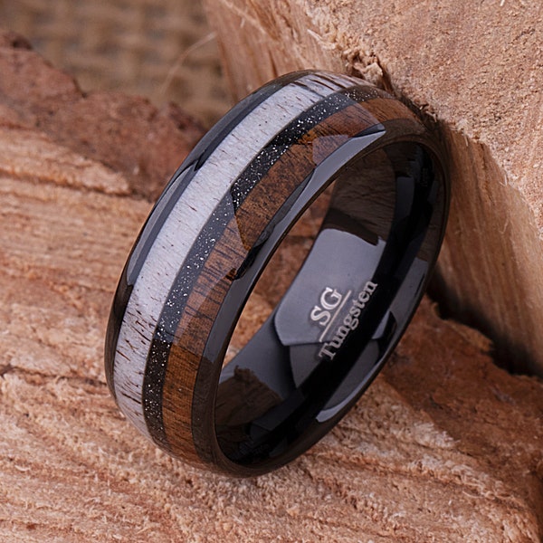 Tungsten Men's Wedding Band 8mm with Koa Wood and Deer Antler, Promise Ring for Him, Gift For Husband or Boyfriend, Best Quality Workmanship