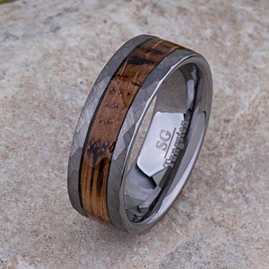 Charred Whiskey Wood Tungsten Wedding Band 8mm, Promise Ring for Boyfriend, Anniversary Gift for Husband, Unique Modern Handmade Ring