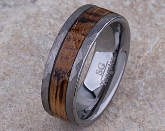 Charred Whiskey Wood Tungsten Wedding Band 8mm, Promise Ring for Boyfriend, Anniversary Gift for Husband, Unique Modern Handmade Ring