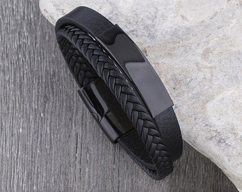 Men's Stainless Steel Black Leather Bracelet With Black Engraving Plate and Steel Secure Magnetic Sliding Clasp, Great Gift For Him