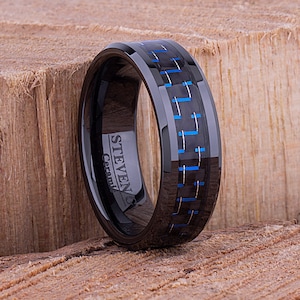 Black Ceramic Mens Wedding Ring or Engagement Band 8mm, Carbon Fiber Anniversary Gift or Promise Ring for Him, Light Weight, Non-Metallic