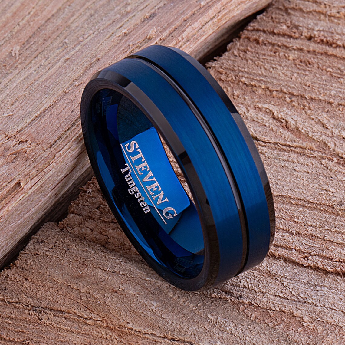 Tungsten Mens Wedding Band 8mm with Blue & Black Plating Etsy