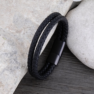 Stainless Steel Men's Leather Bracelet with Black Double Row Hand-Braided Leather & Secure Steel Slide Magnetic Clasp, Popular Gift for Him