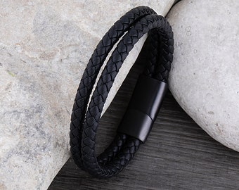 Men's Black Braided Leather Bracelet: Stainless Steel Magnetic Clasp
