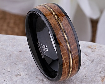 Black Tungsten Wedding Band 8mm with Whiskey Wood and Guitar String, Unique Ring for Husband or Boyfriend, Best Gift for Friend, Popular