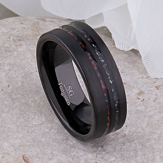 Dinosaur Bone Meteorite Ring: Black Tungsten 8mm Wedding Band
