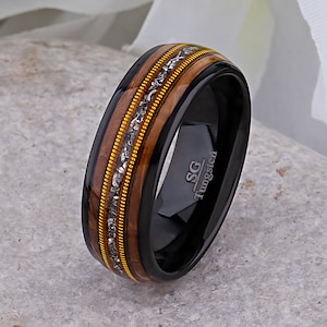 Black Tungsten Wedding Band 8mm with Whiskey Barrel, Meteorite & Guitar String, Unique Ring for Husband or Boyfriend, Best Gift for Friend