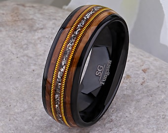 Schwarzer Wolfram Ehering: Whisky Fass, Meteorit, Gitarrensaite