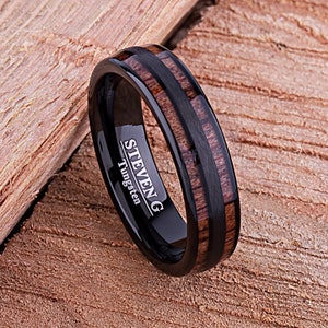 Wood Tungsten Band for Weddings or Engagments 6mm, Black Plating and Koa Wood, Anniversary Band, Unique Wedding Band, Modern Tungsten Ring