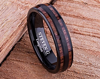 Wood Tungsten Band for Weddings or Engagments 6mm, Black Plating and Koa Wood, Anniversary Band, Unique Wedding Band, Modern Tungsten Ring