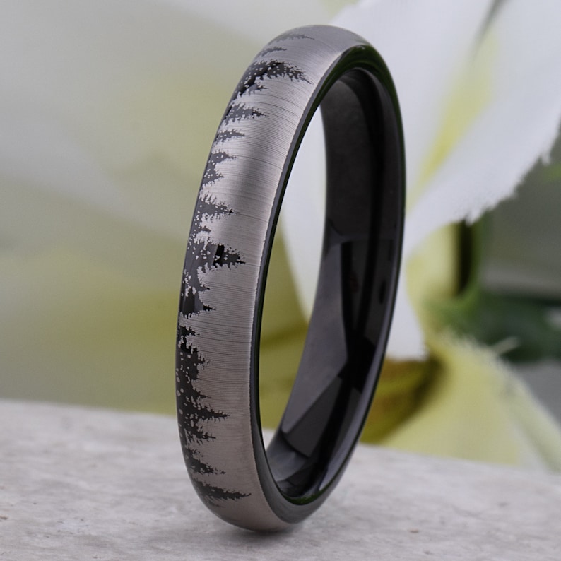 Forest Tree Tungsten Ring, Black Wedding Band 4mm Wide, Promise Ring or Anniversary Gift for Men or Women, Popular Affordable Unisex Style