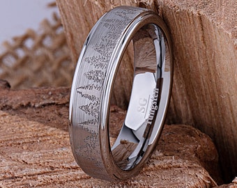 Bague forêt en tungstène pour mariage ou fiançailles de 6 mm de large, bague de promesse unisexe, bague d'anniversaire pour homme ou femme, bague en tungstène design arbre