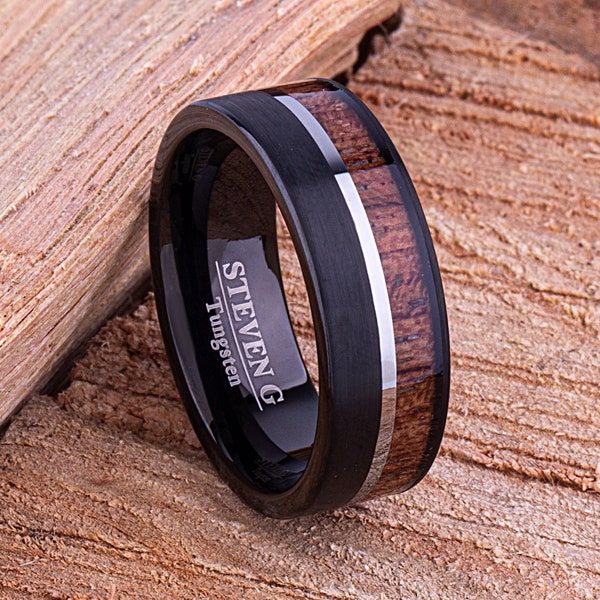 Tungsten Mens Wedding Band 8mm with Black Plating and Padauk Wood, Mens Anniversary Band, Promise Ring, Unique Wedding Band, Tungsten Ring