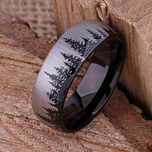Forest wolfraam ring, zwarte heren trouwring of mans verlovingsring 8 mm breed, belofte ring of jubileum band voor hem, boom wolfraam ring