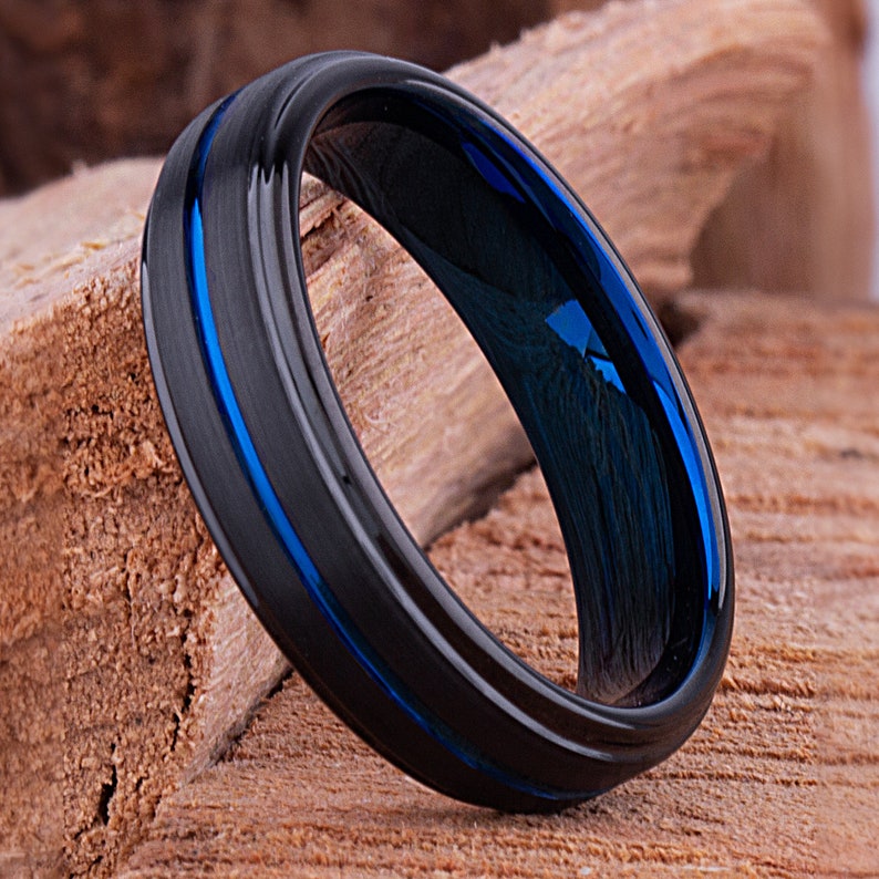 Tungsten Mens Wedding Band 6mm With Blue and Black Brush Etsy
