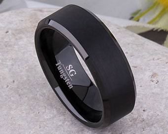 Black Tungsten Mens Wedding Ring or Engagement Band, 8mm Wide Stylish Promise Ring or Anniversary Gift for Him, Affordable Tungsten Present