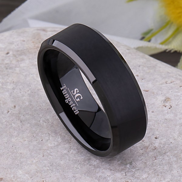 Black Tungsten Mens Wedding Ring or Engagement Band, 8mm Wide Stylish Promise Ring or Anniversary Gift for Him, Affordable Tungsten Present