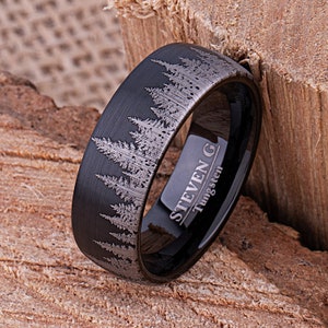 Forest Tungsten Ring, Black Mens Wedding Band or Mans Engagement Ring 8mm Wide, Promise Ring or Anniversary Band For Him, Tree Tungsten Ring
