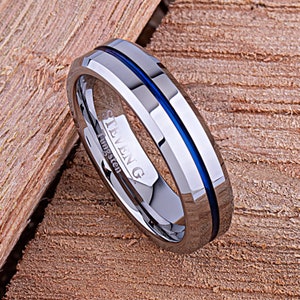 Tungsten Wedding Band or Engagement Ring 6mm with Blue Center, Tungsten Gift for Girlfriend, Promise Ring for Him, Stylish Tungsten Ring