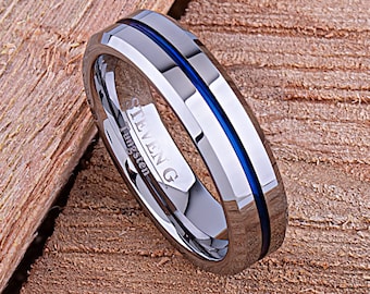 Alliance ou bague de fiançailles en tungstène 6 mm avec centre bleu, cadeau en tungstène pour petite amie, bague de promesse pour lui, bague en tungstène élégante