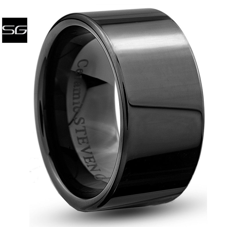 CER067 12mm Black Hi-Tech Ceramic Ring Style Wedding Engagement Band 12mm Wide Flat Tube Cut Style High Polish Finish Comfort Fit Popular