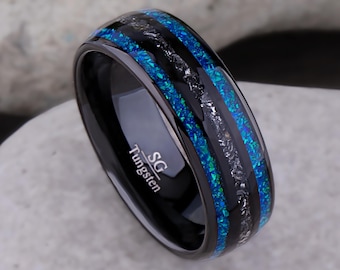 Meteorite & Greenish Blue Opal Inlay: Black Tungsten 8mm Wedding Band