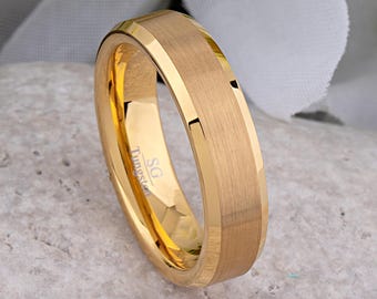 Bague en or jaune en tungstène : Alliance de 6 mm légèrement brossée avec bords biseautés