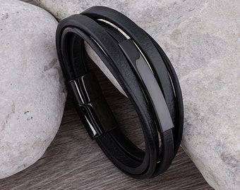 Bracelet homme en cuir noir à graver : fermoir magnétique en acier inoxydable