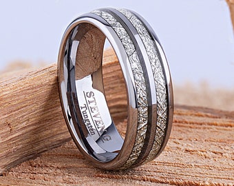 Tungsten Mens Wedding Band 8mm with Double Row Man Made Meteorite, Mens Engagement Ring, Gift for Boyfriend, Anniversary Gift For Him