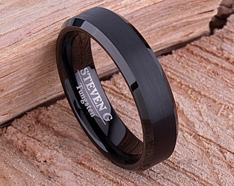 Schwarzer Wolfram Herren Ehering: Mitte gebürstet, abgeschrägte Kante, 6 mm