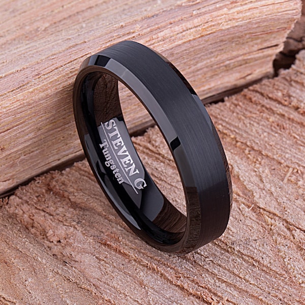 Alliance en tungstène pour homme, bague de fiançailles pour homme 6 mm, couleur noire brossée, bord biseauté au centre, bague de promesse pour petit ami, cadeau pour mari