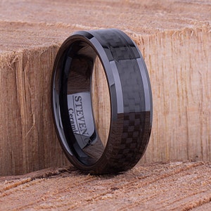 Black Ceramic Men&#39;s Wedding Band 8mm Wide with Carbon Fiber Center and Beveled Edges, Gift for Boyfriend or Husband, Best Promise Ring
