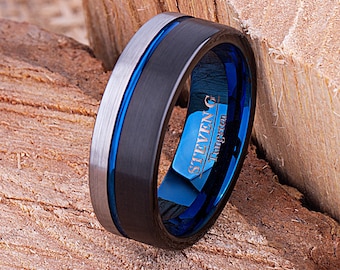 Tungsten Mens Wedding Band 8mm with Black & Blue Plating Brushed, Mens Unique Engagement Ring, Gift For Boyfriend or Husband, Tungsten Ring