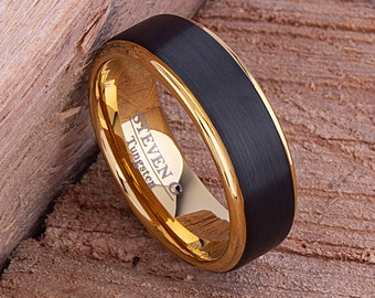 Black Brushed Tungsten Carbide Ring: Yellow Gold IP Plated, 8mm Mens Wedding Band
