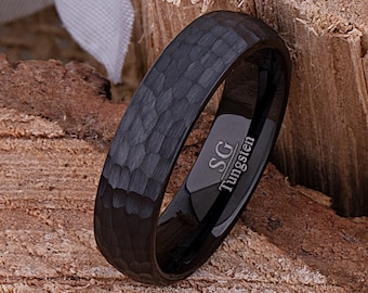 Black Tungsten Wedding Band 6mm with Hammer and Brush Finish, Unique Wedding Ring, Popular Gift for Friend, Affordable Unisex Tungsten Ring