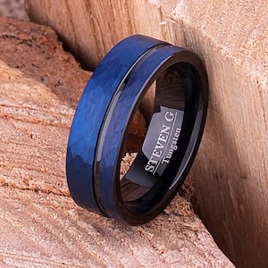 Tungsten Mens Wedding Band 8mm Blue and Black with Hammered Satin Surface, Promise Ring for Boyfriend, Popular Tungsten Ring, Durable Gift