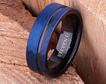 Blue Tungsten Wedding Band: Hammered Satin, Black Interior, 8mm