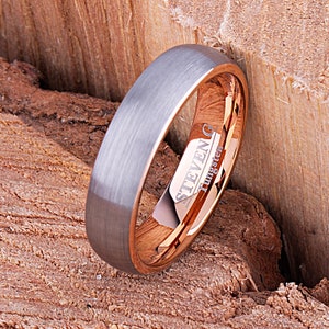 Tungsten Mens Wedding Band or Mans Engagement Ring 6mm with Rose Gold Interior & Brush Finish, Gift For Boyfriend or Husband, Tungsten Ring