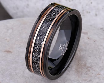 Meteorite and Whiskey Barrel Wood Ring: Black Tungsten 8mm Wedding Band