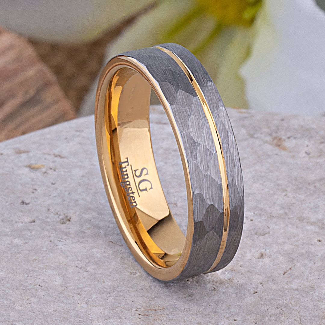 Brushed Tungsten Wedding Band 6mm: Diamond Cut, Yellow Gold Groove