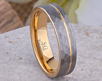 Unique Tungsten Wedding Band 6mm, Brushed Diamond Cut Surface, Yellow Gold Groove & Interior, Promise Ring for Him or Her, Gift for Friend