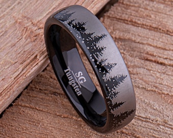 Forest Pine Tree Black Tungsten Wedding Ring 6mm Wide, Unisex Style for Men or Women, Promise Ring for Friend, Holiday Give for Him or Her