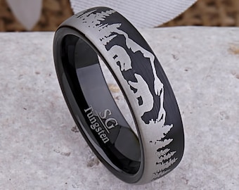 Mother & Cub In Forest Tungsten Carbide Ring, Black Wedding Band 6mm Wide, Popular Promise Ring or Anniversary Band, Outdoor Adventure Style