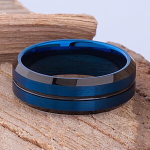 8mm Blue Men's Tungsten Wedding Band - Brushed Two-Tone High Polish Comfort Fit Ring - Size 9 - View #10