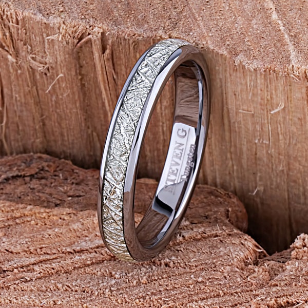 Tungsten Wedding Band 4mm with Single Row Man-Made Meteorite, Unisex Engagement Ring, Gift for Boyfriend or Girlfriend, Anniversary Band