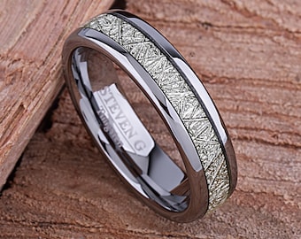 Alliance ou bague de fiançailles en tungstène 6 mm avec météorite artificielle à une rangée, cadeau pour un ami, cadeau d'anniversaire pour lui ou elle, tungstène