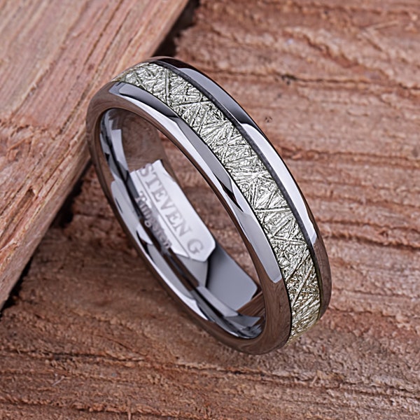 Tungsten Wedding Band or Engagement Ring 6mm with Single Row Man-Made Meteorite, Gift for Friend, Anniversary Gift For Him or Her, Tungsten